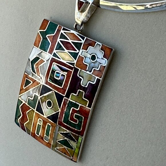 Peruvian 950 Sterling Silver Pendant | Rectangular Mosaic Inlay | Natural Stones - Picture 10 of 15